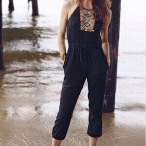 Anthropologie Lilka Gauze Summery Black Jumpsuit with Embroidered Front - Size L